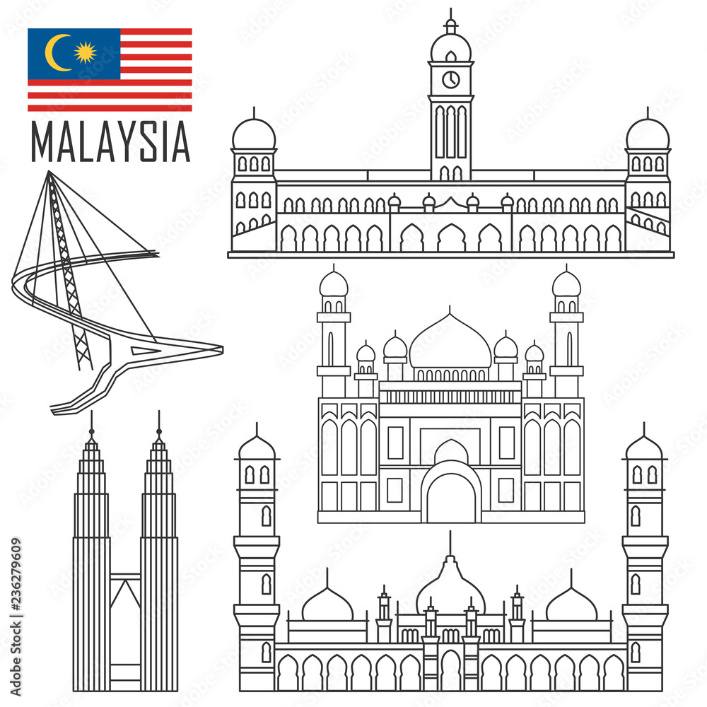 Set with Malaysia landmarks in outline style