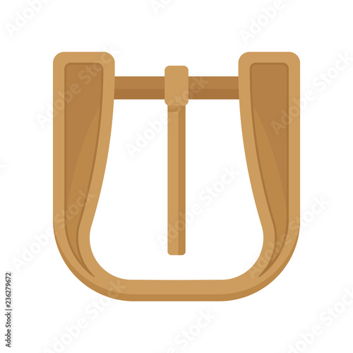 Gold plated metal buckle with hinged pin. Fashion clothing accessory. Element of garment. Flat vector icon