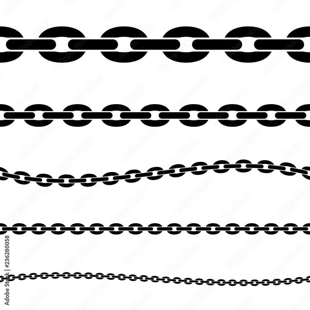 Fototapeta premium Set of black isolated silhouette of chains on white background. Seamless pattern of chain. Decorative border.