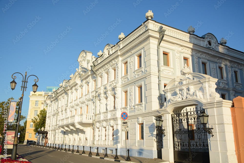 NIZHNY NOVGOROD, RUSSIA - JULY 2, 2018: Manor of Merchant Rukavishnikov (V.M. Rukavishnikova Manor) on the Verkhne Volzhskaya Embankment in the city center