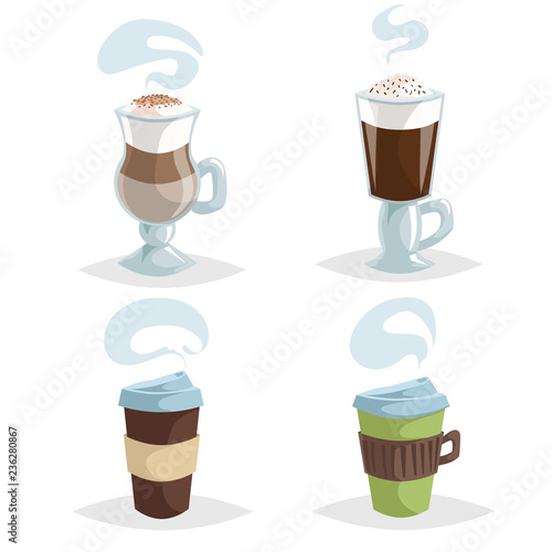 Cartoon coffee mugs or cup set. Collection of trendy design colorful coffee icons. Irish cream, cappuccino and take away cups. Vector illustrations.