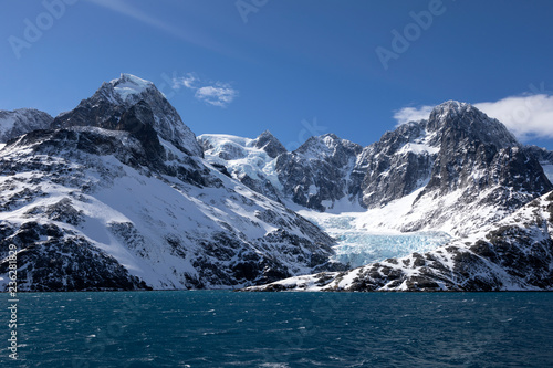 View of the spectacular Drygalski Fjord with snow covered mountains on South Georgia Island in the South Atlantic Island, Antarctica