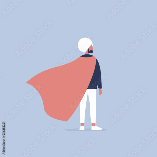 Superhero conceptual illustration. Young  indian character wearing a superhero cape / flat editable vector illustration, clip art