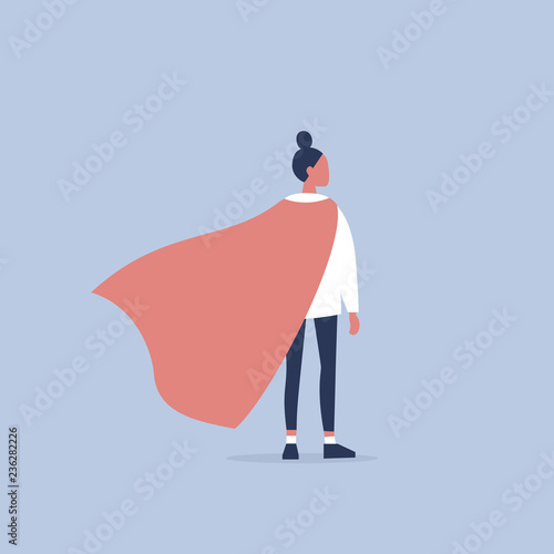 Superhero conceptual illustration. Young  female character wearing a superhero cape / flat editable vector illustration, clip art