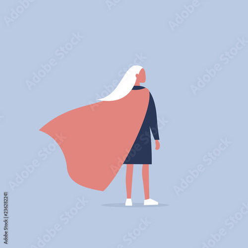 Superhero conceptual illustration. Young  female character wearing a superhero cape / flat editable vector illustration, clip art