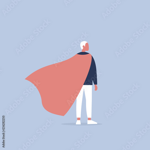 Superhero conceptual illustration. Young  character wearing a superhero cape / flat editable vector illustration, clip art