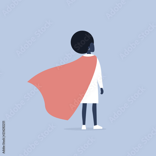 Superhero conceptual illustration. Young  black female character wearing a superhero cape / flat editable vector illustration, clip art photo