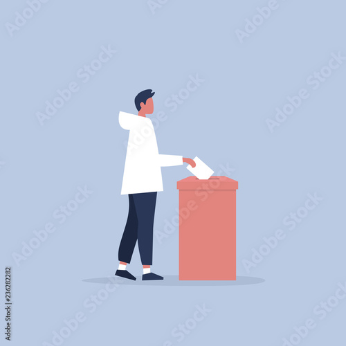 Vote, conceptual illustration. Young male character participating in elections / flat editable vector illustration, clip art