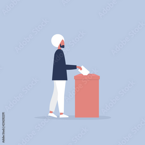 Vote, conceptual illustration. Young indian character participating in elections / flat editable vector illustration, clip art