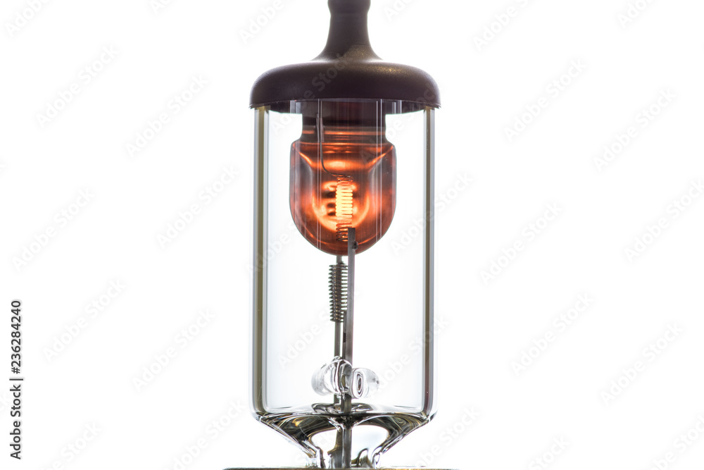 Incandescent lamp for dipped and main beam headlights with burning spiral on a white background Incandescent lamp for dipped and main beam headlights with burning spiral on a white background