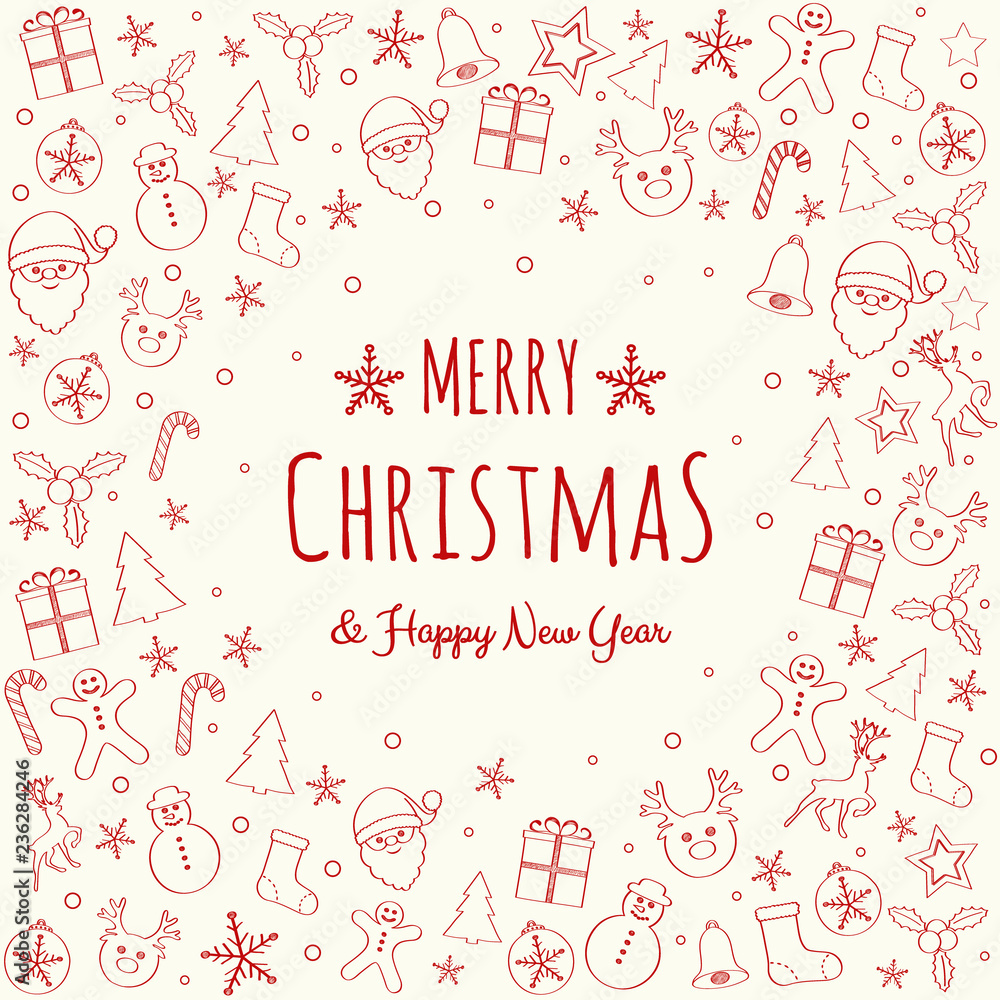 Concept of Christmas greeting card with hand drawn decorations. Vector. Concept of Christmas greeting card with hand drawn decorations. Vector.