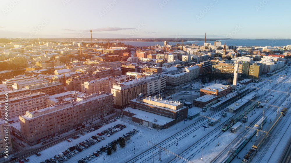Obraz premium Beautiful aerial view of Tampere city at sunest. Finland