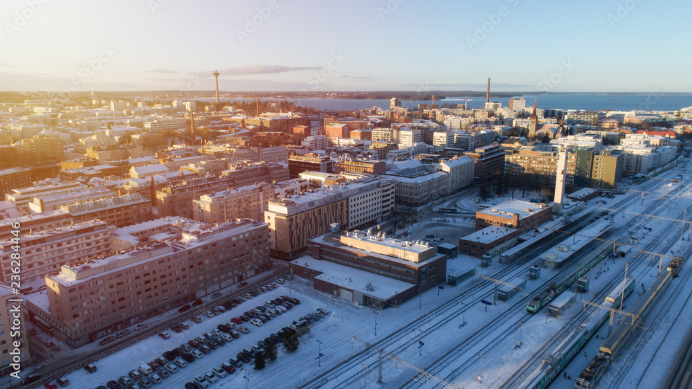 Beautiful aerial view of Tampere city at sunest. Finland