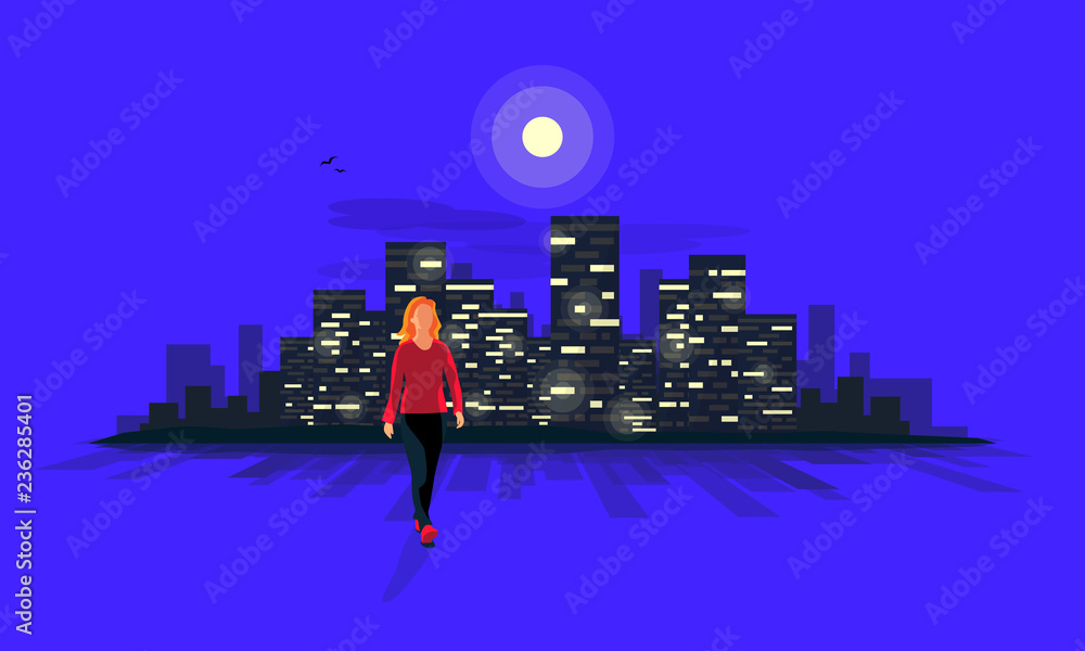 Vector illustration of a young woman silhouette walking on a street at ...