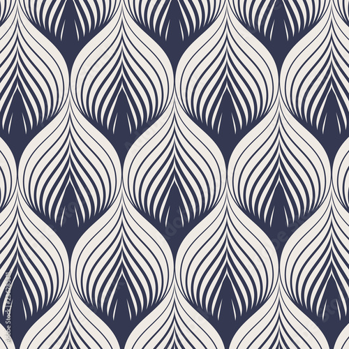 Geometric vector pattern, repeating tile texture decumbent scale of fish or fish squama shapes or leaves petal motif, single color with dark blue and white. Pattern is clean usable for wallpaper, fabr