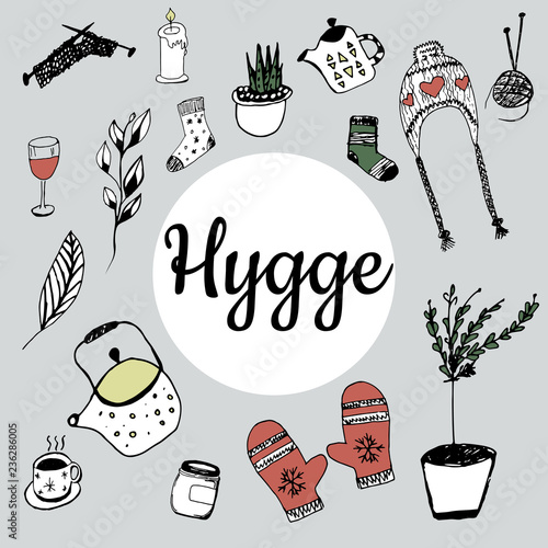 Hand drawn pattern with hygge elements. Time to Hygge. Winter objects set, doodle vector illustration. Scandinavian style