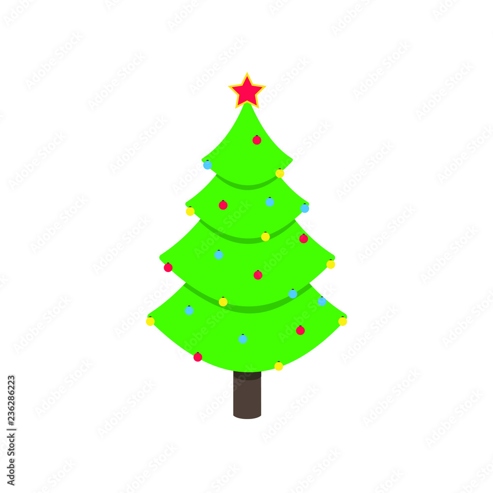 Christmas tree fir flat style design icon sign vector illustration. Symbol of family xmas holiday celebration isolated on white background. With balls and stars. Merry christmas, happy new year! Christmas tree fir flat style design icon sign vector illustration. Symbol of family xmas holiday celebration isolated on white background. With balls and stars. Merry christmas, happy new year!