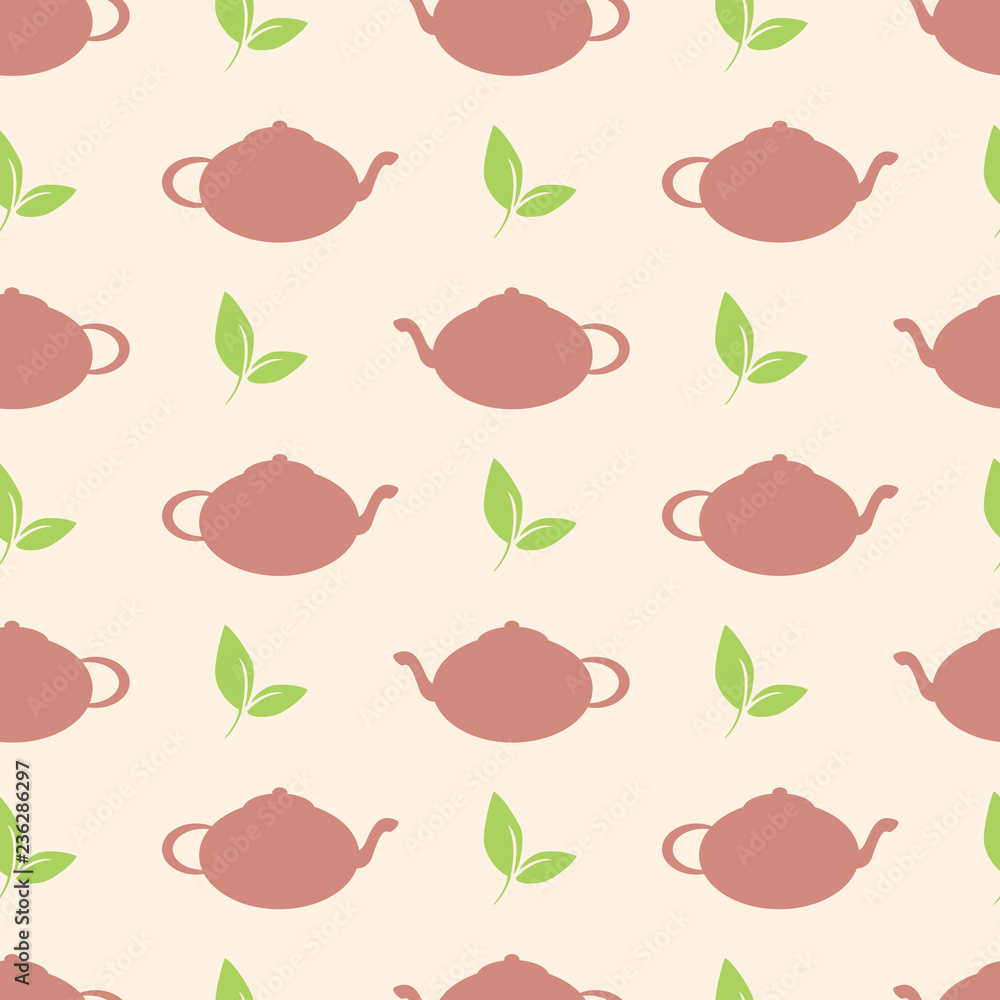 Vector seamless pattern with teapot and green tea leaves. Tea background. Can be used for restaurant or cafe menu cover, design banners, wrapping paper, print on clothes. EPS10. Vector seamless pattern with teapot and green tea leaves. Tea background. Can be used for restaurant or cafe menu cover, design banners, wrapping paper, print on clothes. EPS10.