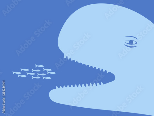 Whale with open mouth. Fish swims in the mouth of a whale. Business concept.