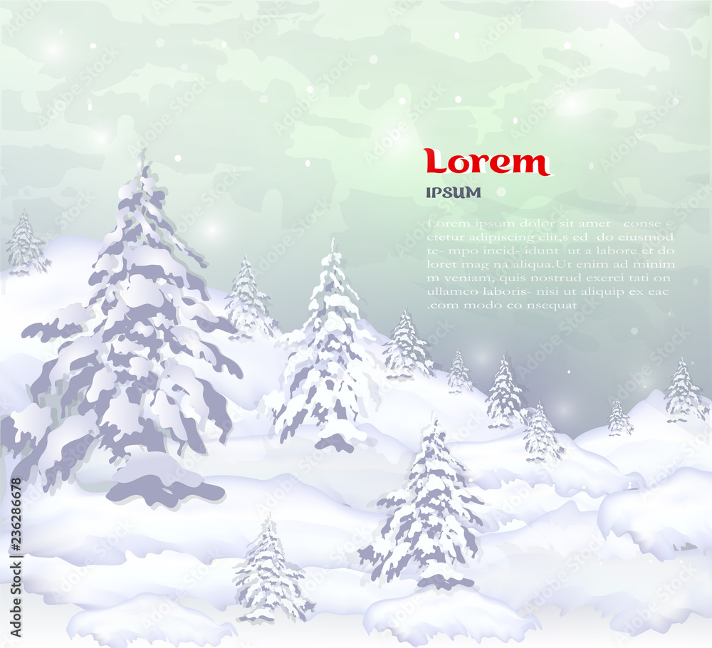 realistic banner, hat for winter trees, pines and white snow site for design