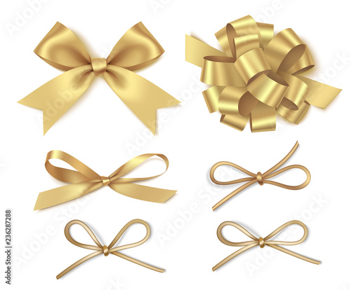 Different golden bow isolated on white background. New year holiday decorations set. Vector illustration