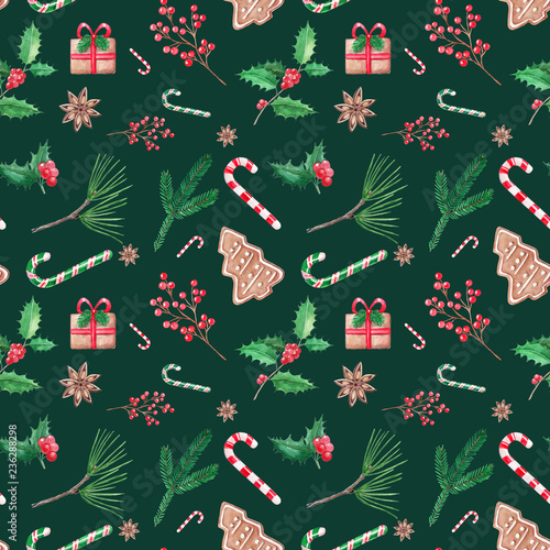 Seamless patern Christmas illustration, hand drawn watercolor. Design for backgrounds, wallpapers  and packaging.