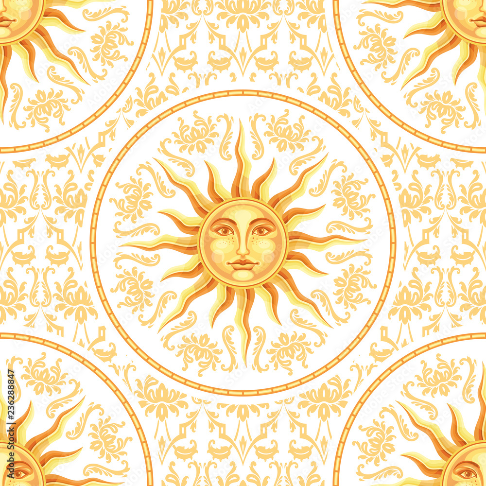 Celestial baroque gold seamless pattern with sun face