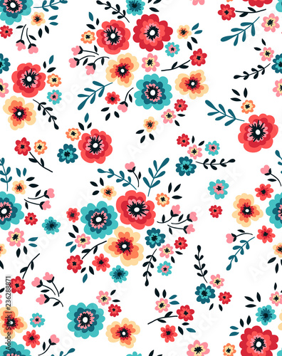 Seamless floral folk pattern with coral and turquoise flowers