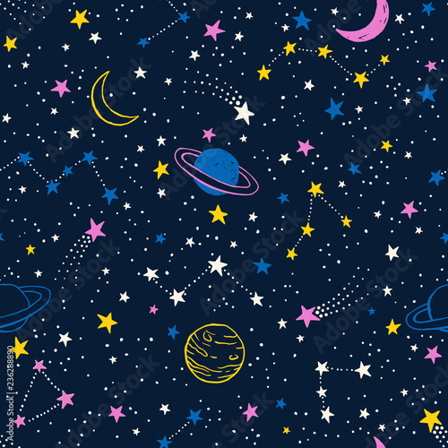 Seamless colorful pattern with planets, constellations and stars