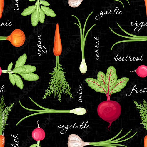 Seamless pattern with organic vegetables on black background