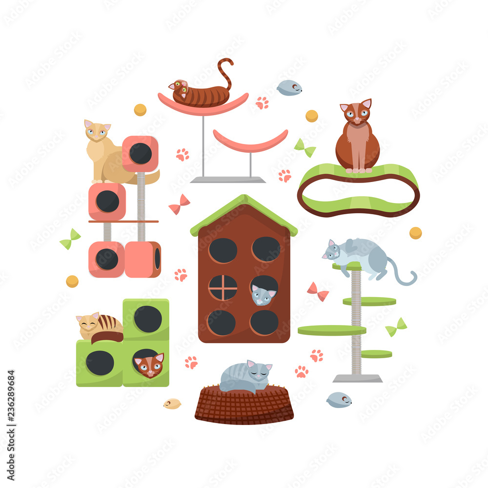 circle composition of cats and their houses on white background. Different  feline equipment, furniture Cat tree with cat house and scratching post, cat  bed, toys. Flat cartoon vector illustration Stock Vector |