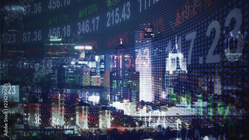 Technological stock exchange chart over night city skyline