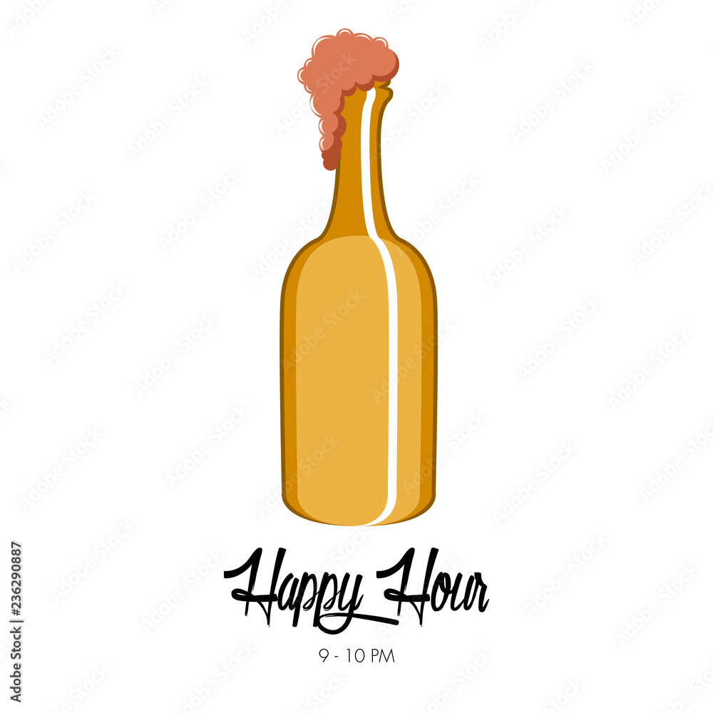 Happy hour poster with a beer bottle. Vector illustration design Happy hour poster with a beer bottle. Vector illustration design