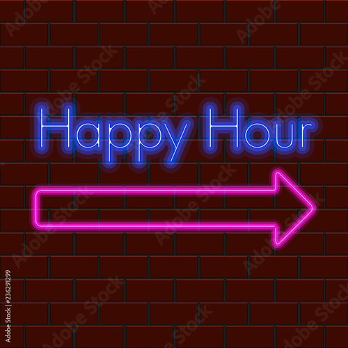 Happy hour neon poster. Vector illustration design