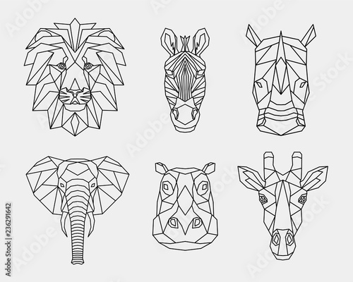 Set of abstract polygonal animals of Africa. Linear geometric lion, elephant, Zebra, giraffe, Rhino, hippopotamus. Vector illustration.