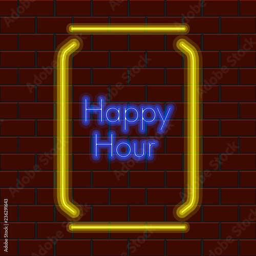 Happy hour neon poster with a beer can. Vector illustration design