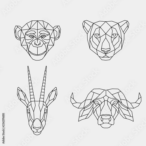 Set of abstract polygonal animals of Africa. Linear geometric monkey, Cheetah, Buffalo, antelope. Vector illustration.