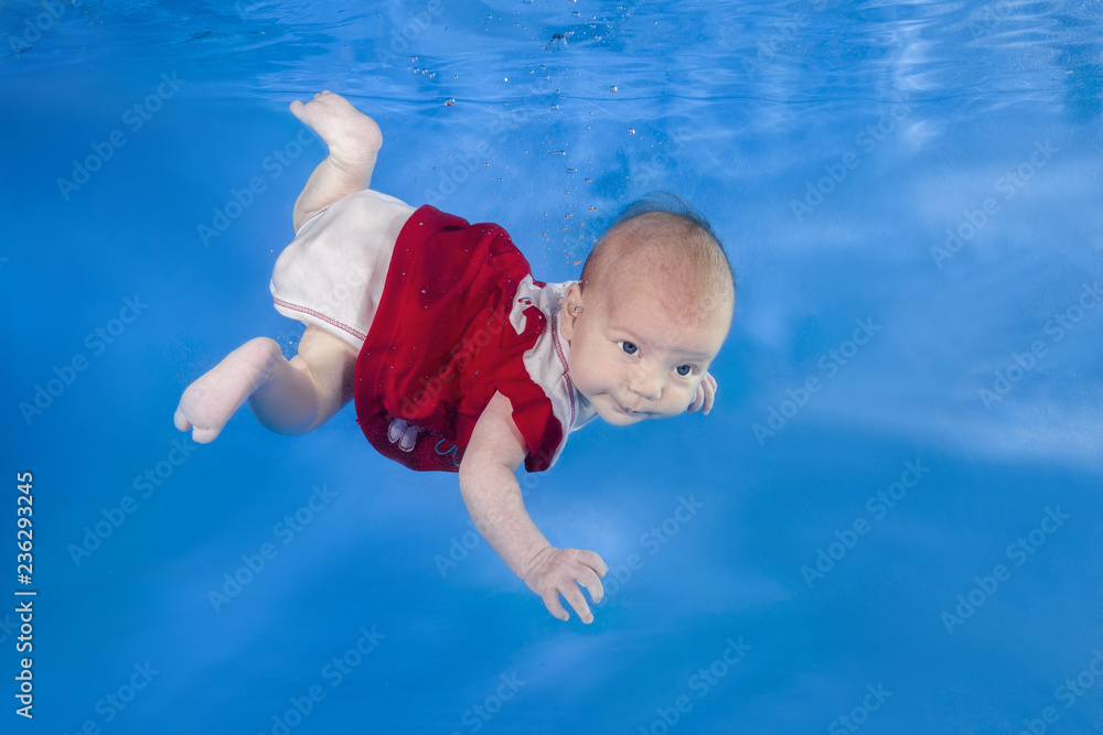 1.5 months girl in a white dress swims underwater in the pool on a blue water background. Healthy family lifestyle and children water sports activity. Child development, disease prevention