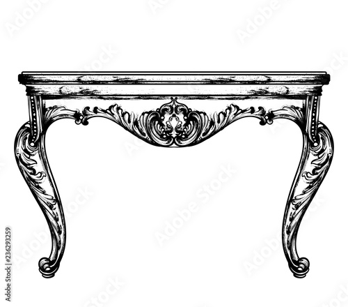 Classic table furniture Vector. Detailed front view with engraved ornament decors. Line art vintage black colors