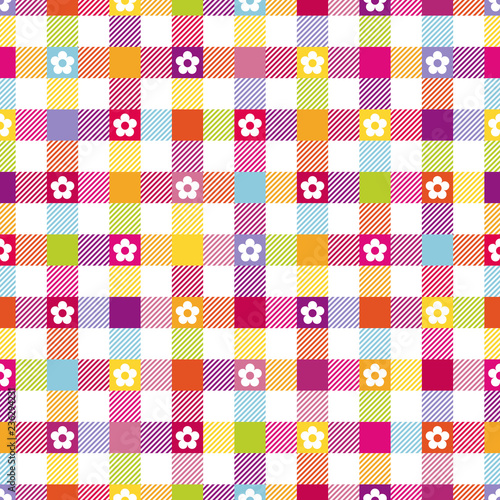 Seamless Pattern Check With Flowers Coloured