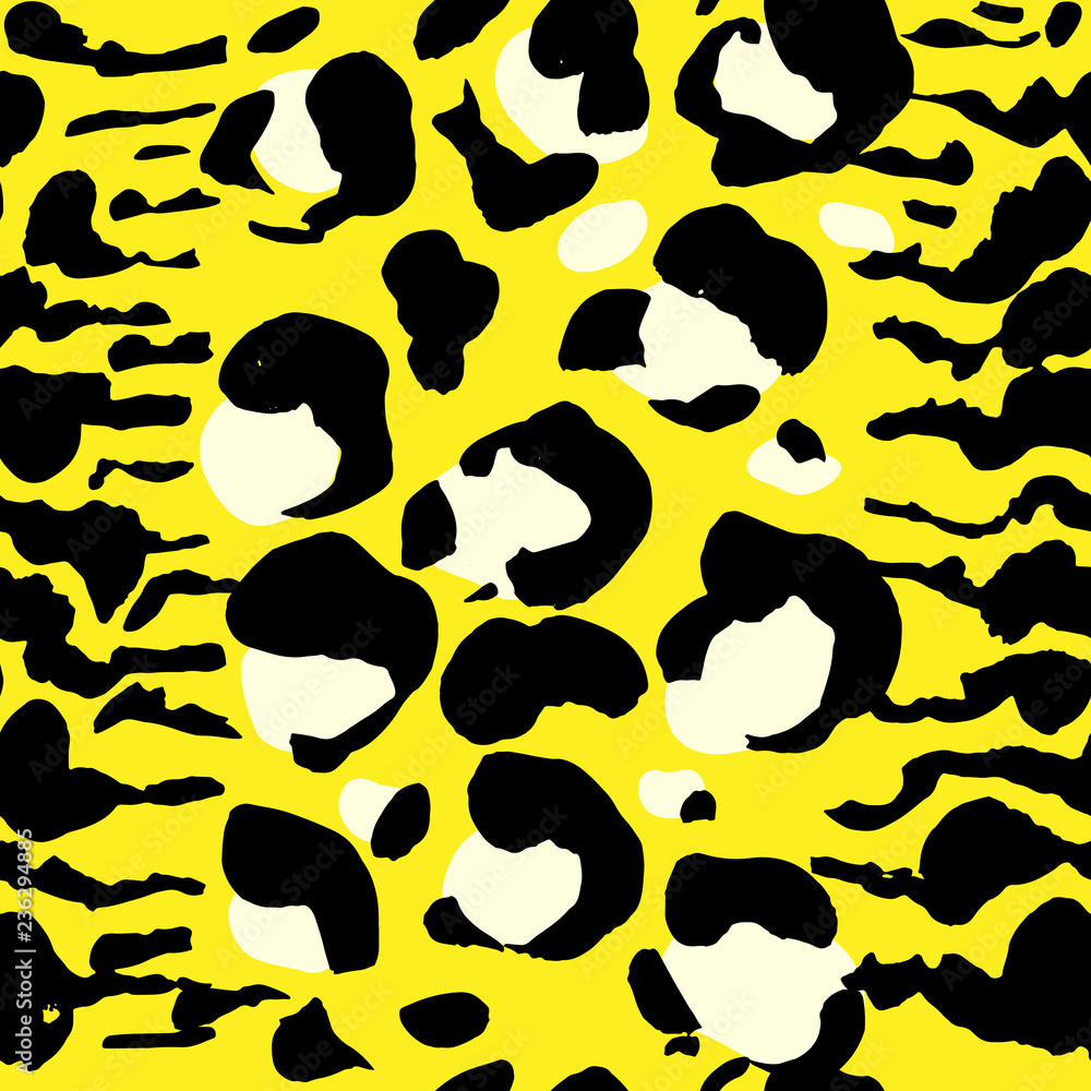 Seamless black and yellow leopard pattern. Animal skin grunge texture. Vector illustration.