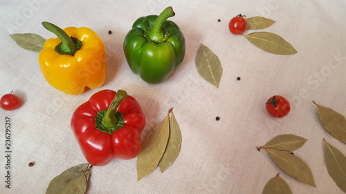 Sweet pepper of different colors  tomatoes and Bay leaf