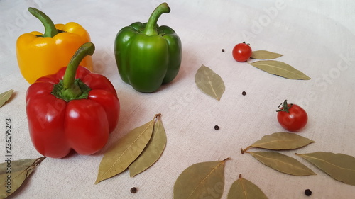 Sweet pepper of different colors, tomatoes and Bay leaf