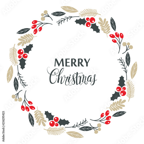 Christmas wreath, with holly berries, isolated on white background.