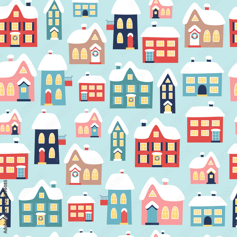 Winter Christmas seamless pattern with houses. Vector
