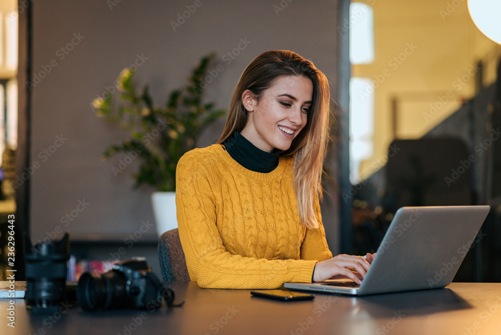Smiling freelancer working on laptop. - obrazy, fototapety, plakaty 