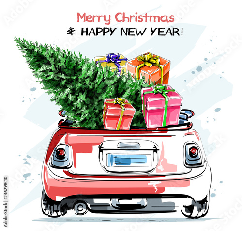 Hand drawn stylish red car with cute christmas gift boxes and fir tree. Beautiful new year set. Sketch.