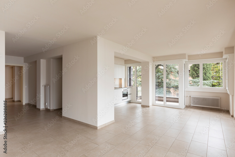 Fototapeta premium Open space with large windows and modern kitchen