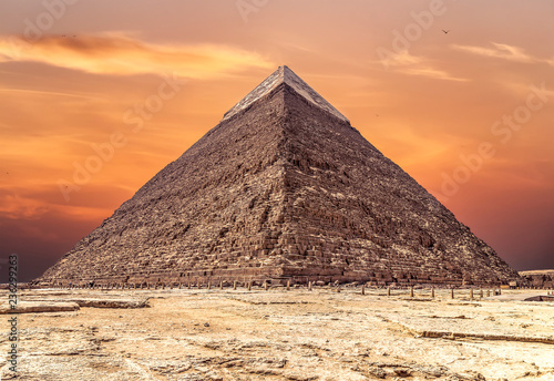 The Pyramid of Khafre or of Chephren at sunset, is the second-tallest and second-largest of the Ancient Egyptian Pyramids of Giza and the tomb of the Fourth-Dynasty pharaoh Khafre (Chefren)