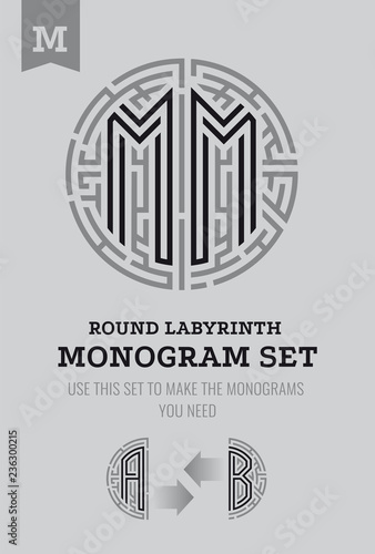 M letter maze. Set for the labyrinth logo and monograms, coat of arms, heraldry.